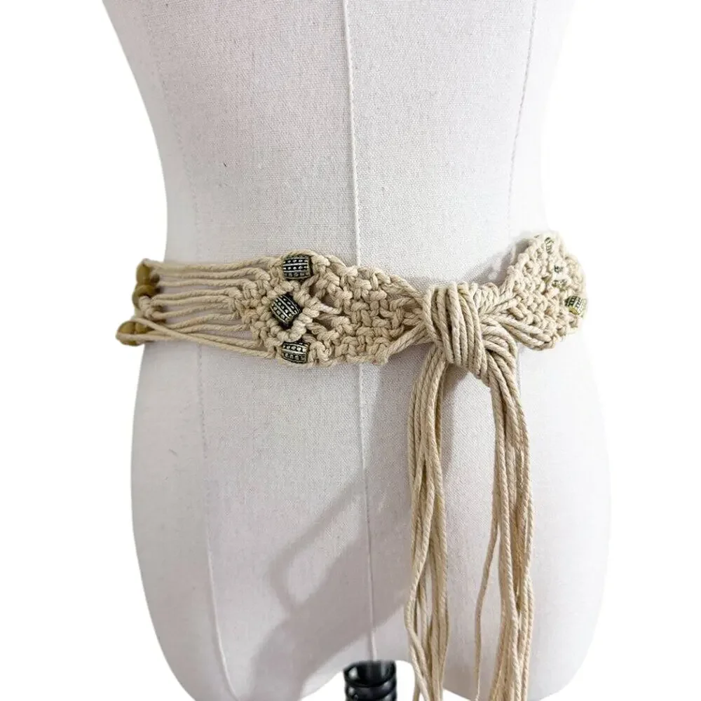 Vintage Y2K Tan Beaded Macrame Belt Women's Size OS EUC Tie Closure